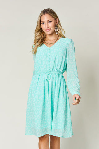 PREORDER Printed Ruched V-Neck Long Sleeve Dress