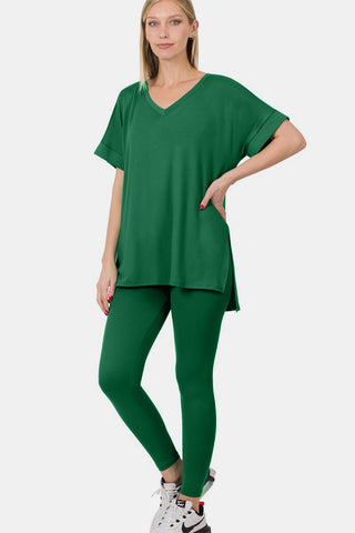 V-Neck Rolled Short Sleeve T-Shirt and Leggings Lounge Set