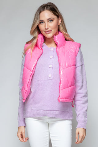 Zip Up Turtleneck Shiny Quilted Vest