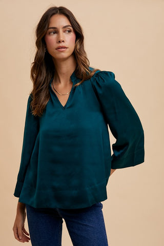 Satin Notched Three-Quarter Sleeve Blouse