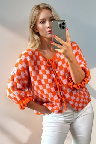 PREORDER Tied Checkered Dropped Shoulder Flounce Sleeve Cardigan 6 colors