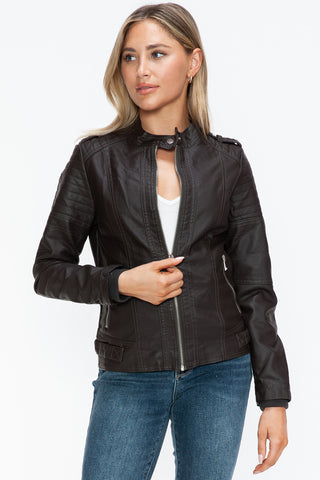 PU Leather Biker Jacket with Side Zip Pockets