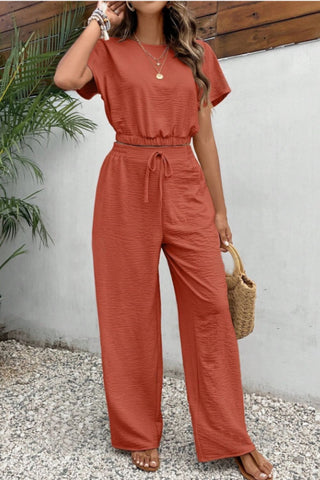 Preorder Round Neck Short Sleeve Top and Pants Set 4 Colors