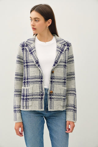 Plaid Long Sleeve Sweater Jacket with Front Patch Pockets