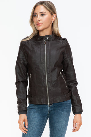 PU Leather Biker Jacket with Side Zip Pockets