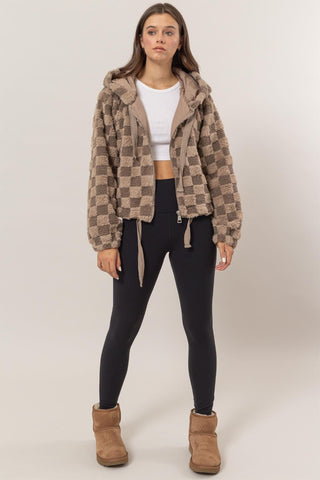 Zip Up Sherpa Checkered Hooded Jacket