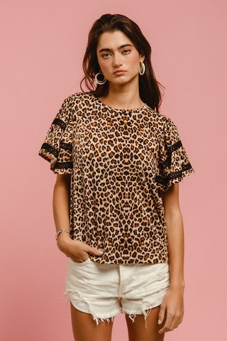 Leopard Crochet Trim Round Neck Short Sleeve Top