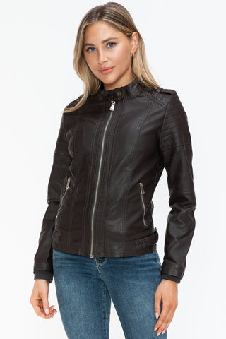 PU Leather Biker Jacket with Side Zip Pockets