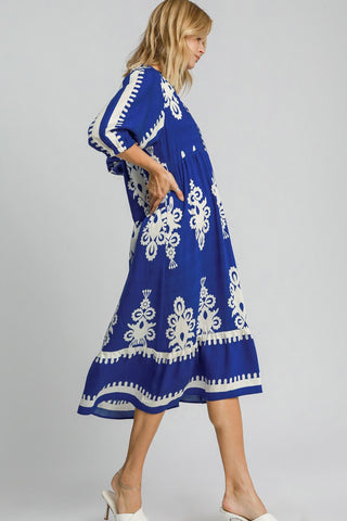 Printed Notched Midi Dress