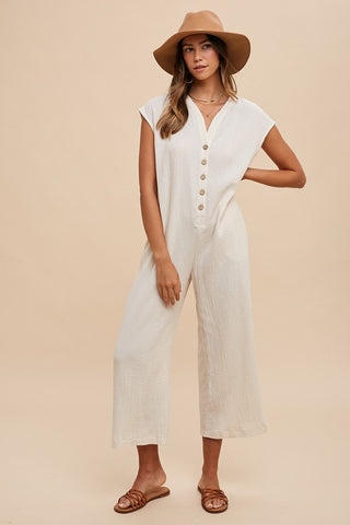 Button Detail Wide Leg Jumpsuit with Pockets