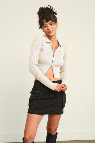 Ribbed Double Zip Cropped Cardigan cream