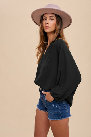 Notched Batwing Sleeve Blouse