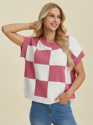 PREORDER Checkered Round Neck Short Sleeve Sweater 4 Colors