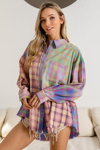 Plaid Color Block Button Up Shirt