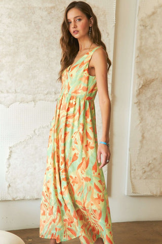 Abstract Floral V-Neck Maxi Dress