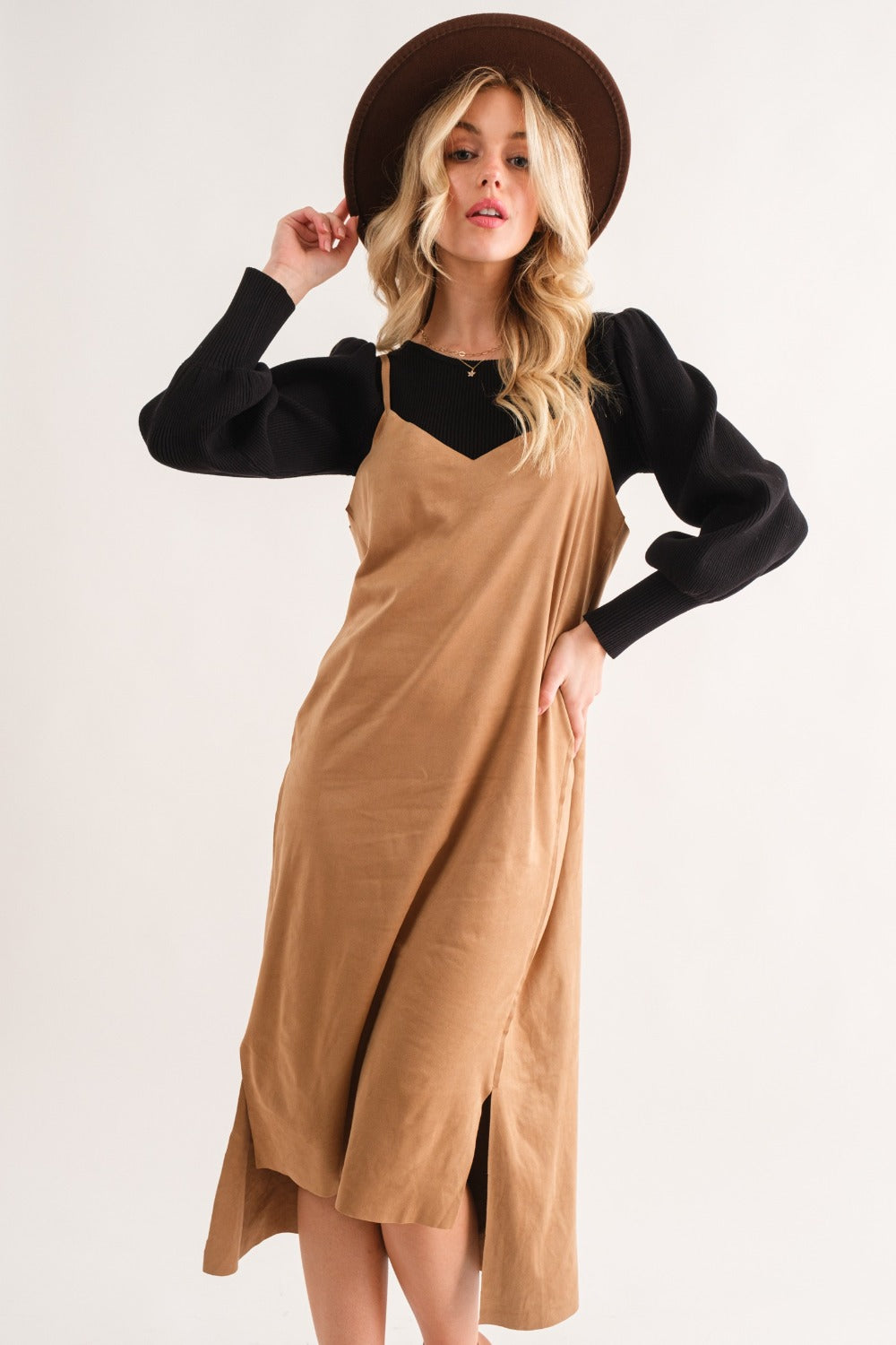 Faux Suede Cut Edge Slit Cami Midi Dress Estornes&Boor Boutique Faux Suede Cut Edge Slit Cami Midi Dress Estornes&Boor Boutique