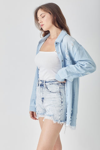 RISEN Raw Hem Distressed High Rise Denim Shorts