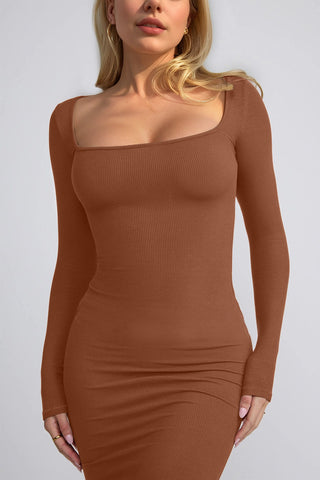 PREORDER Built-In Shapewear Square Neck Long Sleeve Maxi Dress