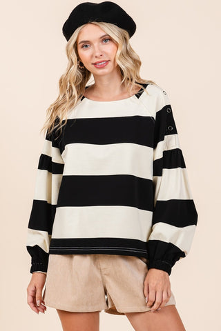 Striped Snap Shoulder Long Sleeve T-Shirt