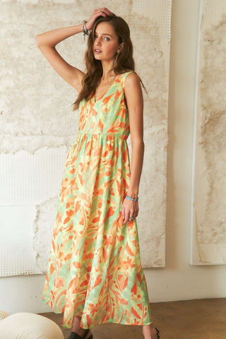 Abstract Floral V-Neck Maxi Dress