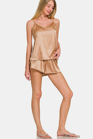 V-Neck Satin Cami and Elastic Waist Shorts Lounge Set