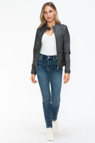 PU Leather Biker Jacket with Side Zip Pockets