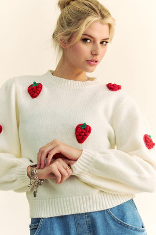 Crochet Strawberry Round Neck Sweater