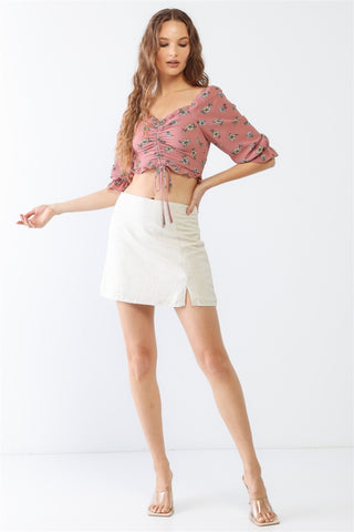 Floral Ruffle Smocked Back Ruched Crop Top 3 Colors