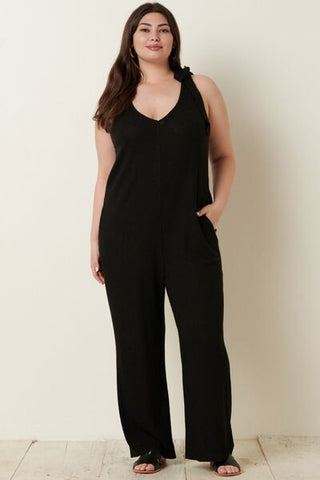 Rib Knit V-Neck Cross Back Jumpsuit