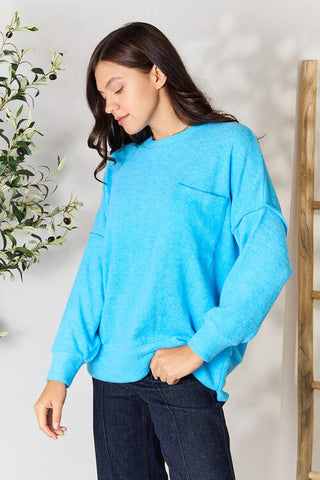 Round Neck Long Sleeve Sweater with Pocket