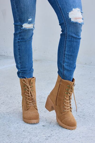 Lace-Up Zipper Detail Block Heel Boots