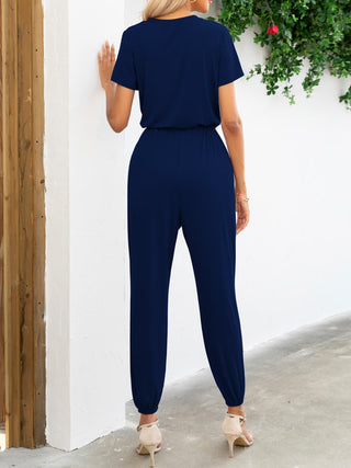 Short Sleeve V-Neck Jumpsuit with Pockets 5 Colors