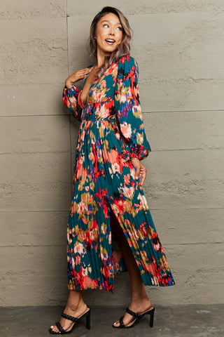 PREORDER Printed Deep V Slit Pleated Dress