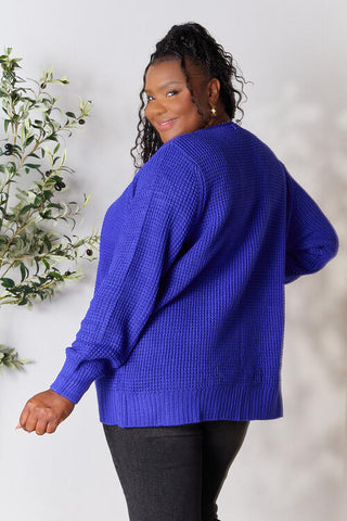 Waffle-Knit Open Front Cardigan Royal Blue