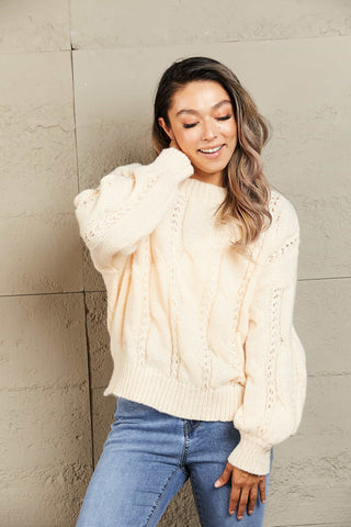 Cable-Knit Openwork Round Neck Sweater