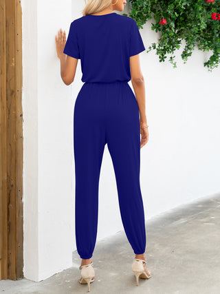 Short Sleeve V-Neck Jumpsuit with Pockets 5 Colors
