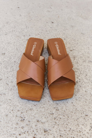 Step Into Summer Criss Cross Wooden Clog Mule in Brown