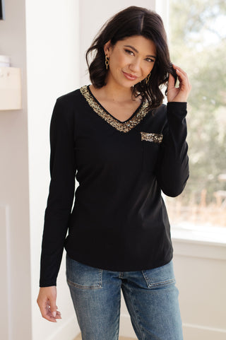 DOORBUSTER Glitter Lining Long Sleeve V-Neck Top