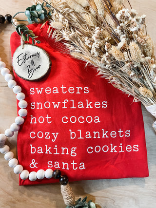 Custom Red Sweaters, snowflakes, hot cocoa, cozy blankets, baking cookies & Santa Long sleeve