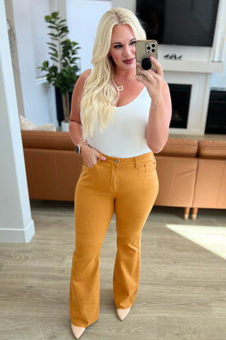 JUDY BLUE Melinda High Rise Control Top Flare Jeans in Marigold