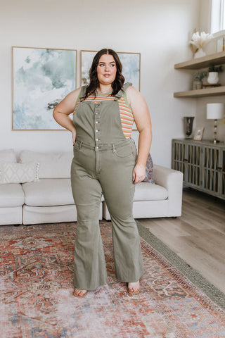JUDY BLUE Olivia Control Top Release Hem Overalls in Olive