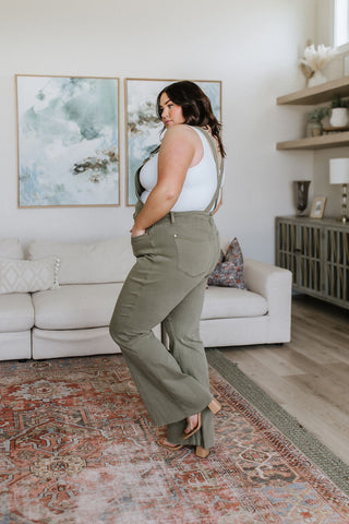 JUDY BLUE Olivia Control Top Release Hem Overalls in Olive