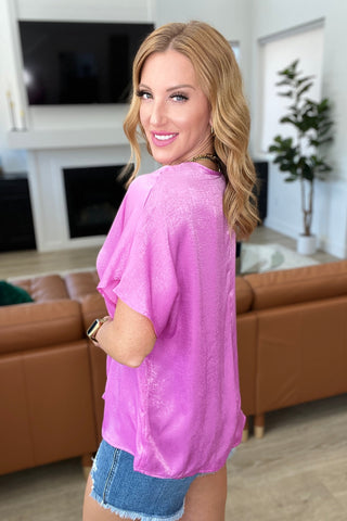 Pleat Front V-Neck Top in Spring Orchid