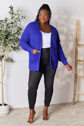 Waffle-Knit Open Front Cardigan Royal Blue