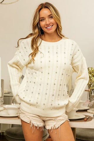 Pearl & Rhinestone Decor Long Sleeve Sweater