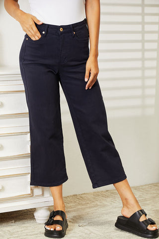 JUDY BLUE High Waist Tummy Control Garment Dyed Wide Cropped Jeans