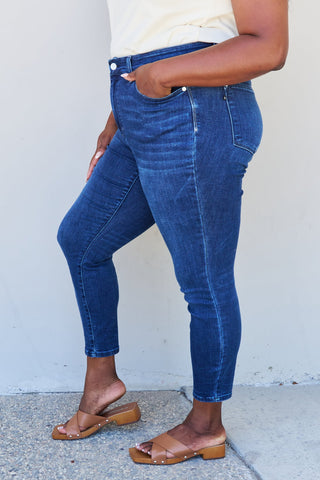 JUDY BLUE Marie Mid Rise Crinkle Ankle Detail Skinny Jeans