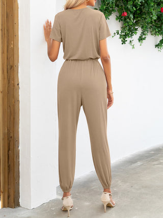 Short Sleeve V-Neck Jumpsuit with Pockets 5 Colors