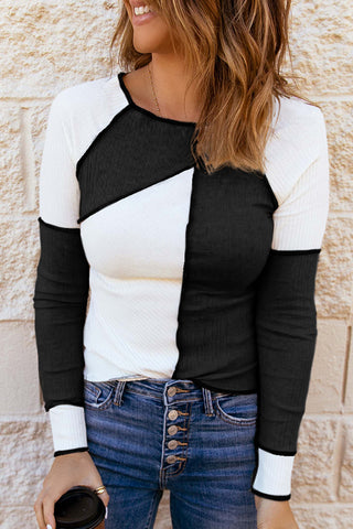 PREORDER Color Block Round Neck Long Sleeve T-Shirt