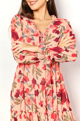 Floral Frill Trim Flounce Sleeve Plunge Maxi Dress